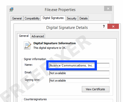 Screenshot of the Nuance Communications, Inc. certificate